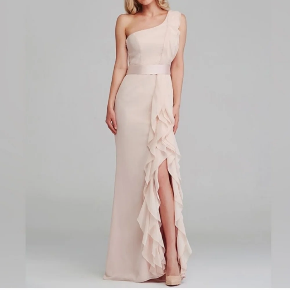 White by Vera Wang One Shoulder Evening Gown Chiffon Ruffled Dress Sz-10